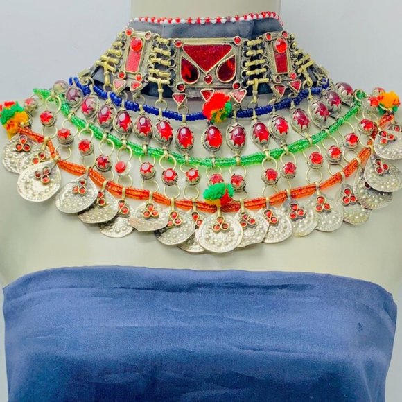 Multicolor Choker Necklace, Tribal Afghan Choker With Silver Dangling Coins - Picture 1 of 7